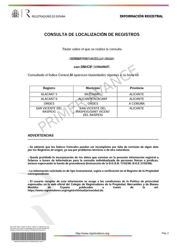 Nota simple Registro Propiedad Indices 